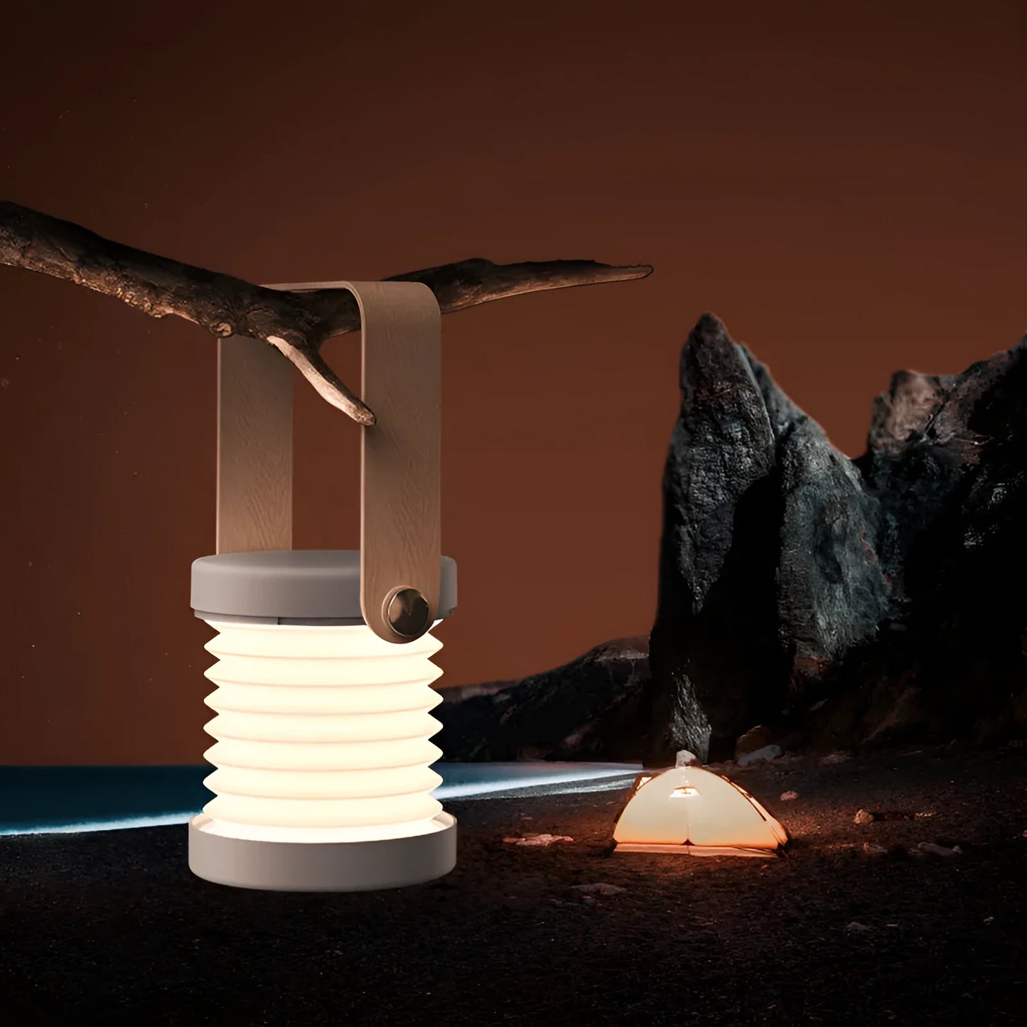 Foldable touch dimmable LED night light showing table lamp and lantern configurations