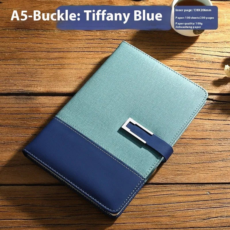 A5 soft PU leather notebook in Business Brown colour, showing thick wood-free paper inside.