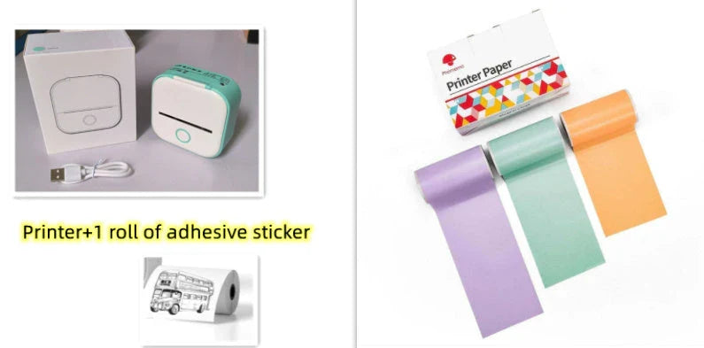 Compact Bluetooth-enabled thermal label printer in white, pink, and green colors with various label options