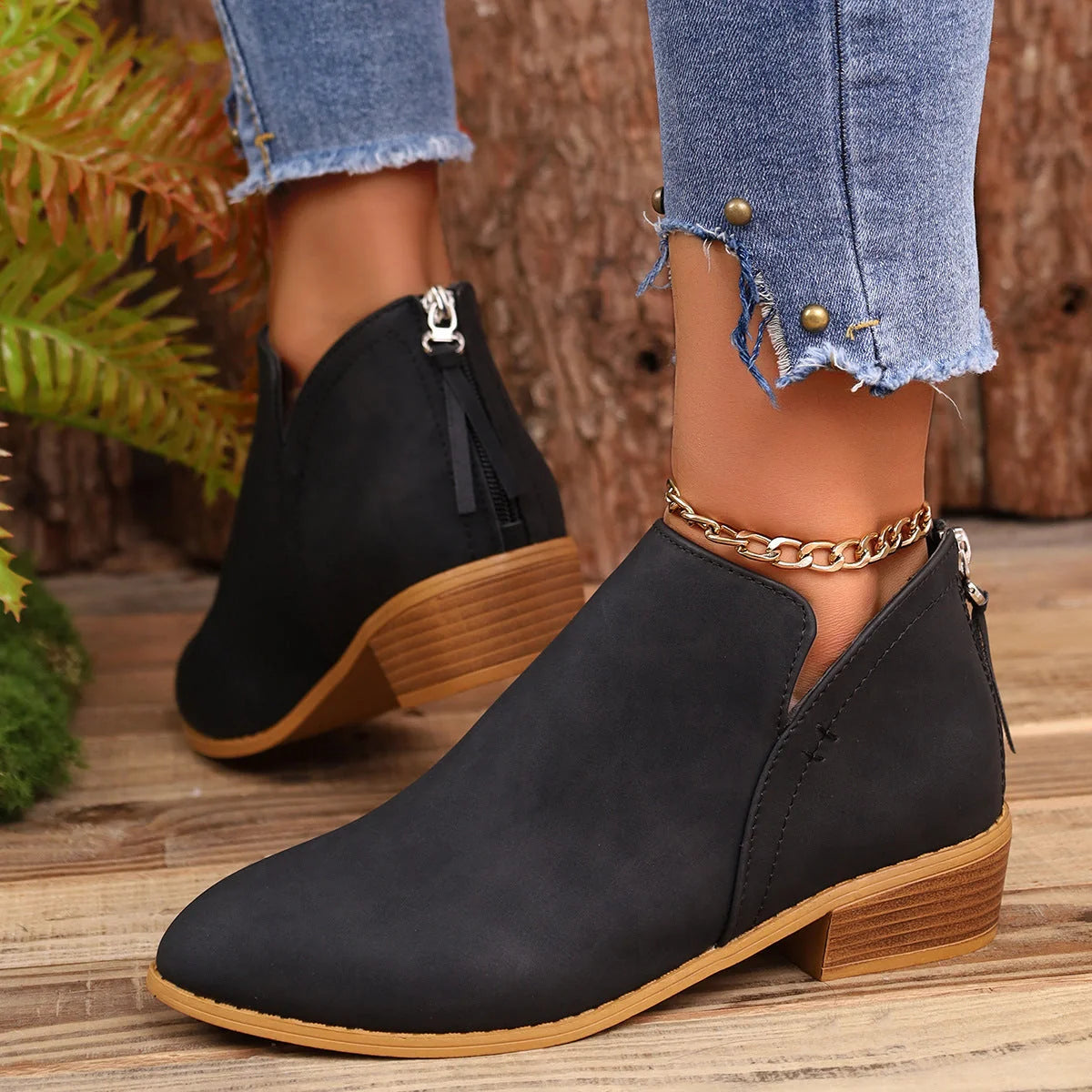 Women's chunky heel pointed toe ankle boots with V-cut design in khaki, off white, black, and pink