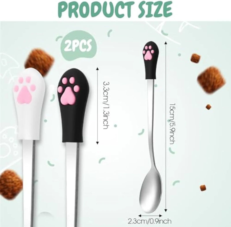 Pet food spoon set of 2 pieces stainless steel with silicone handle cat paw design for dog and cat wet food can scooping long handle 15 cm white and black colours