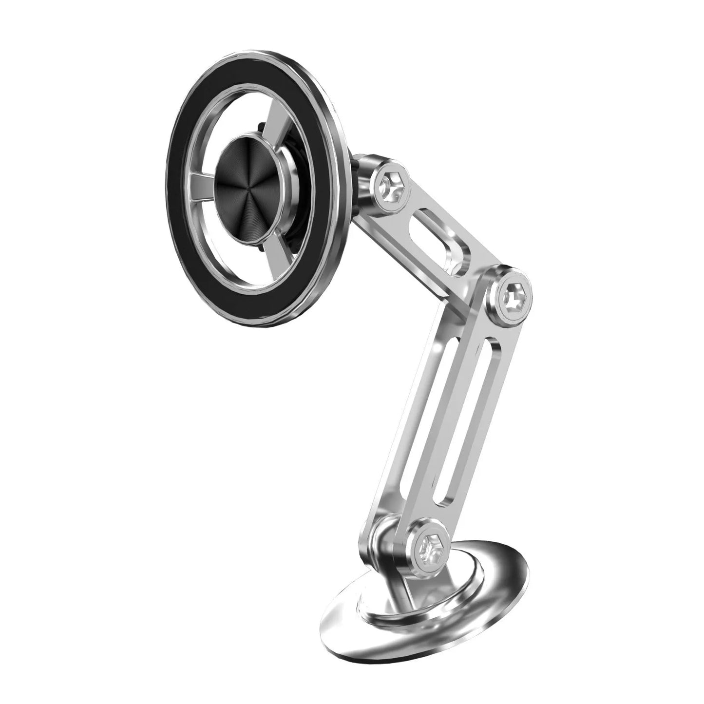All-metal magnetic car phone holder in silver colour with 360-degree rotation ball joint