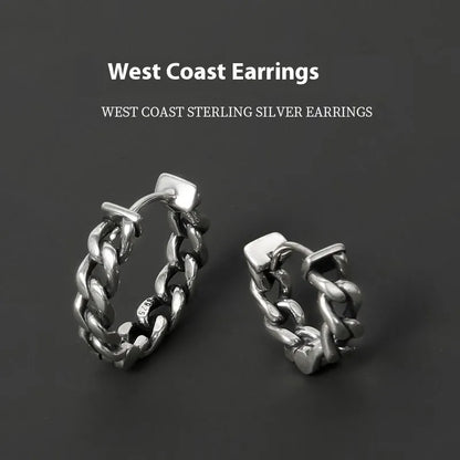 Men's geometric copper hip-hop earrings on a flat surface, showing 10mm and 14mm size options.