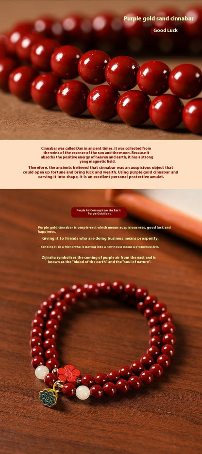 Purple gold sand hand-woven bracelet with double circle design and cinnabar beads