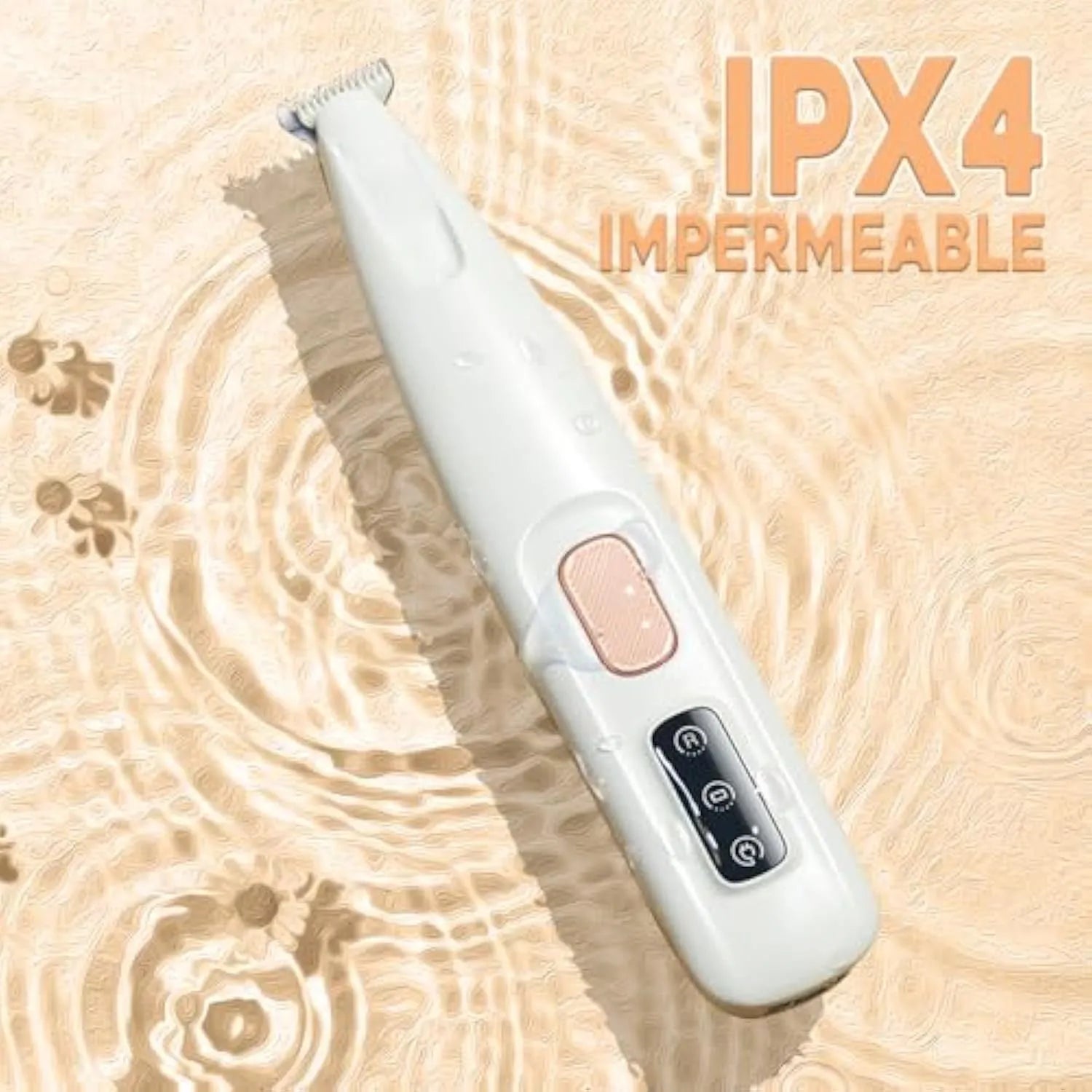 White rechargeable electric dog paw trimmer with LED light on a grey surface.