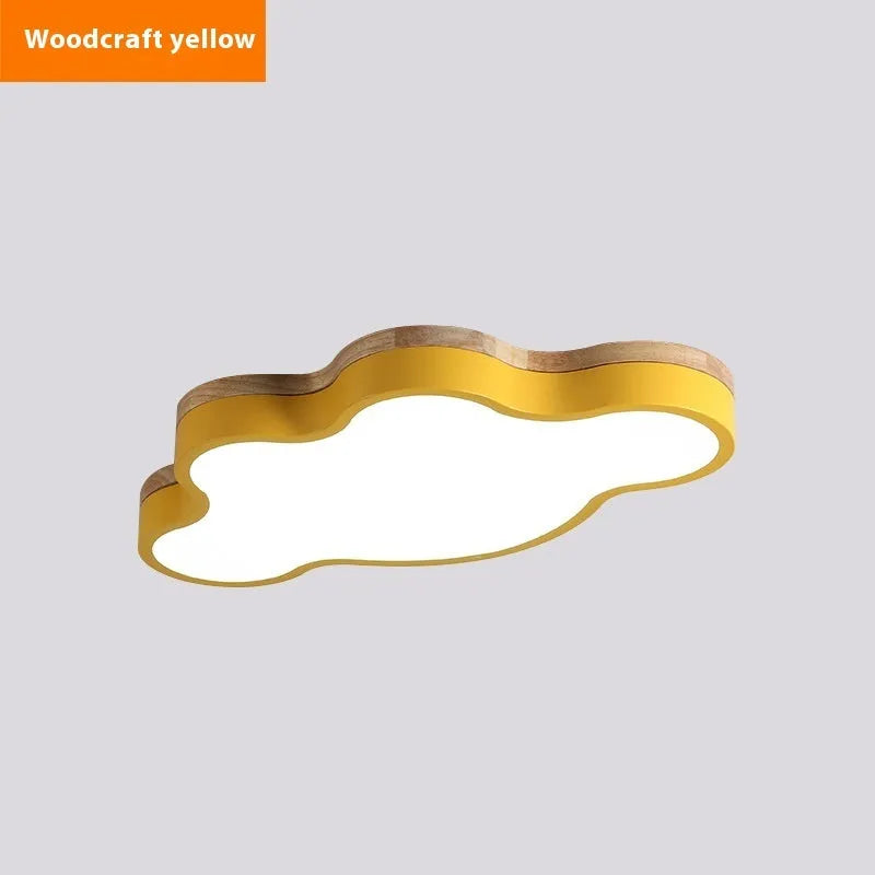 Cloud-shaped ceiling lamp with wooden construction and LED lighting in pink, blue, green, or yellow colour options