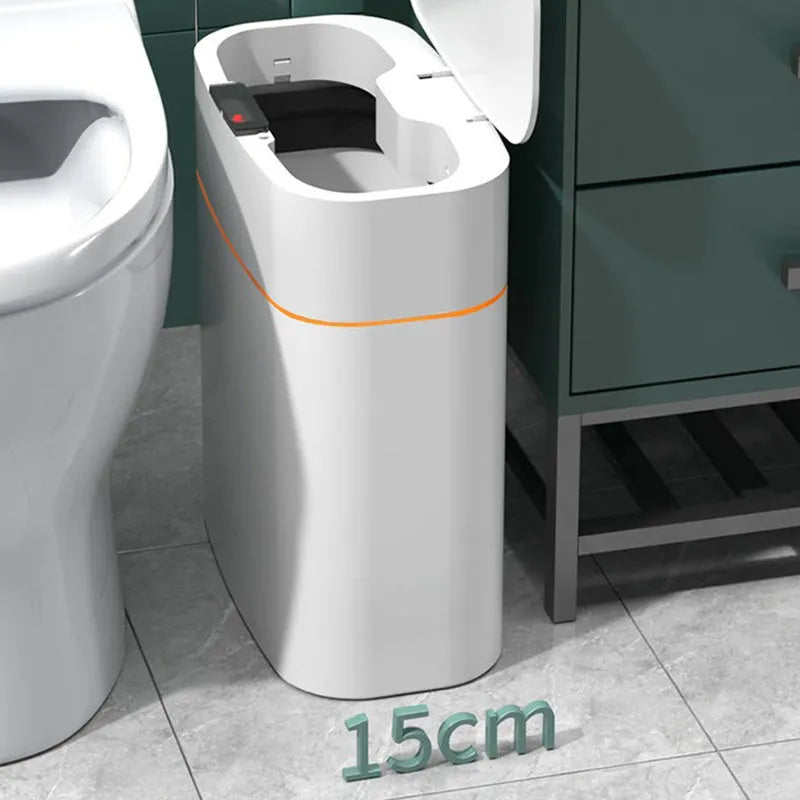 White smart induction trash can with automatic opening lid for kitchen or bathroom use