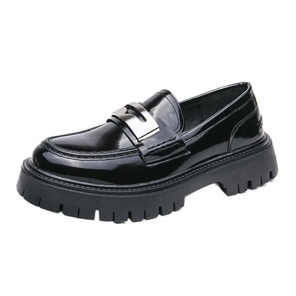 Men's black glossy platform loafers with hidden heel for summer casual wear