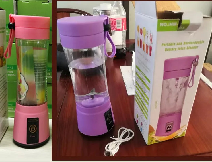 Portable USB blender with six blades in pink colour option showing cup and charging cable