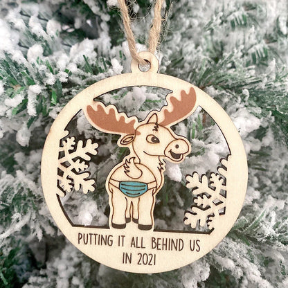 Laser-cut wooden Christmas tree pendant with lovers, snowman, and deer designs