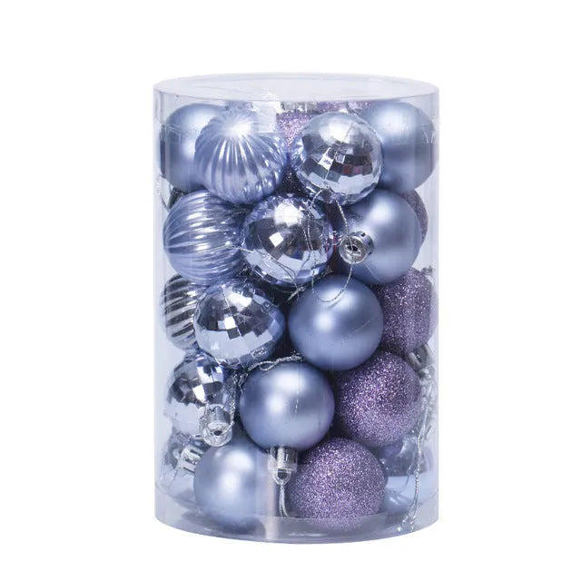 Assortment of 34 round 4cm plastic Christmas baubles in gold, silver, red, blue, and other colours.