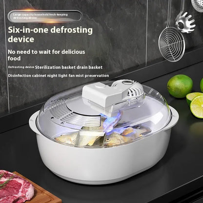 Aluminium household quick defrosting plate on a kitchen countertop