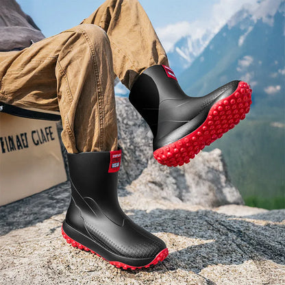 Men's PVC rain boots in beige, brown, black, and black red with plastic soles