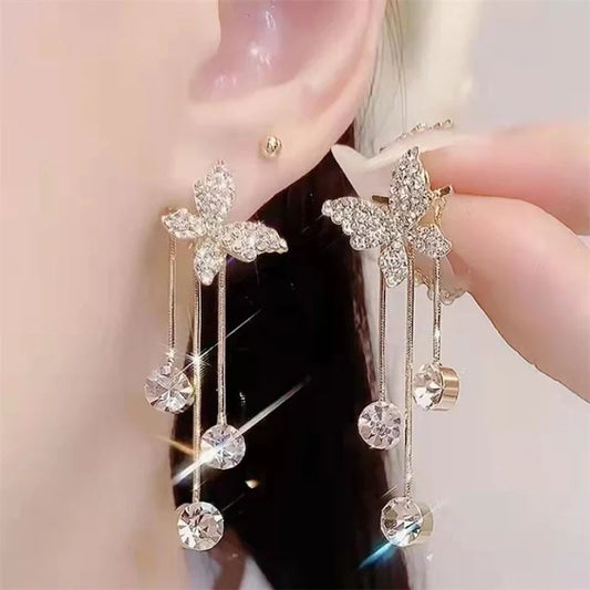 Butterfly Rhinestone Drop Dangle Earrings with Pearl Tassel Chain - Elegant Party Jewellery