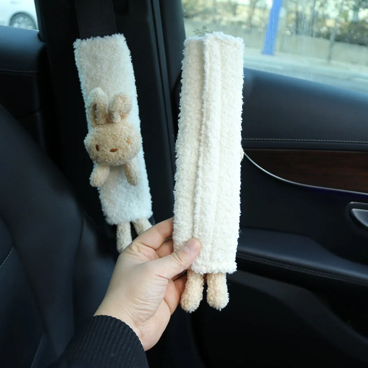 Cartoon lamb wool shoulder protector for car seatbelts in rabbit, bear, and rabbit+bear designs