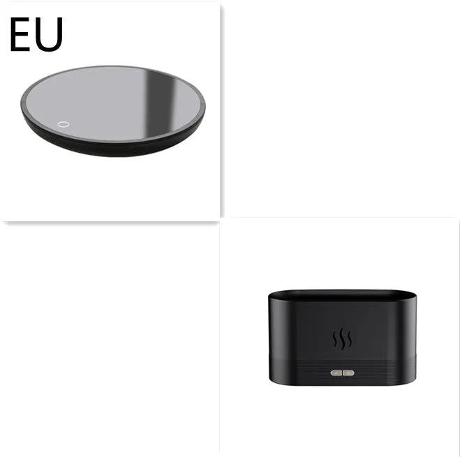 Black square ultrasonic aroma diffuser with flame light effect and mist output.