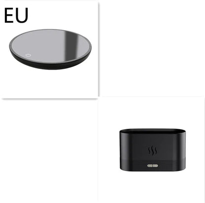 Black square ultrasonic aroma diffuser with flame light effect and mist output.