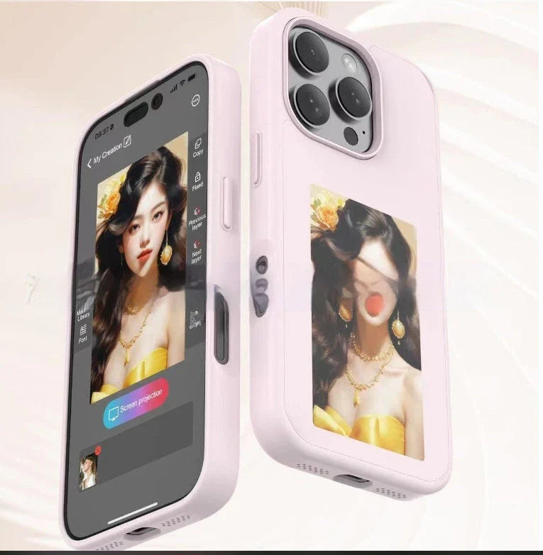 Customizable E-Ink phone case with personalized screen projection, compatible with various iPhone models