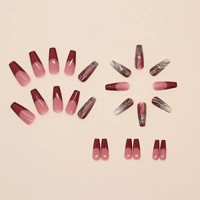 French line pattern fake nails with glue included in package