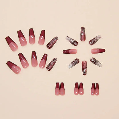 French line pattern fake nails with glue included in package