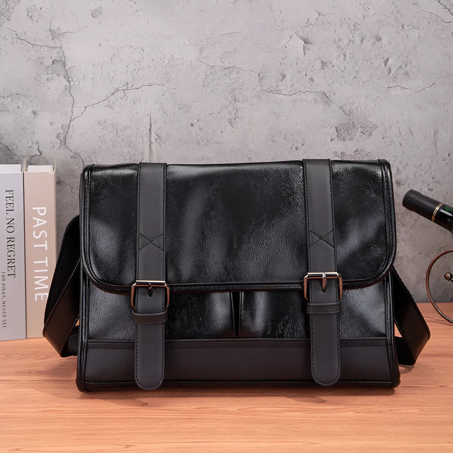 Black Korean-style commuter backpack with anti-theft features and contrast stitching