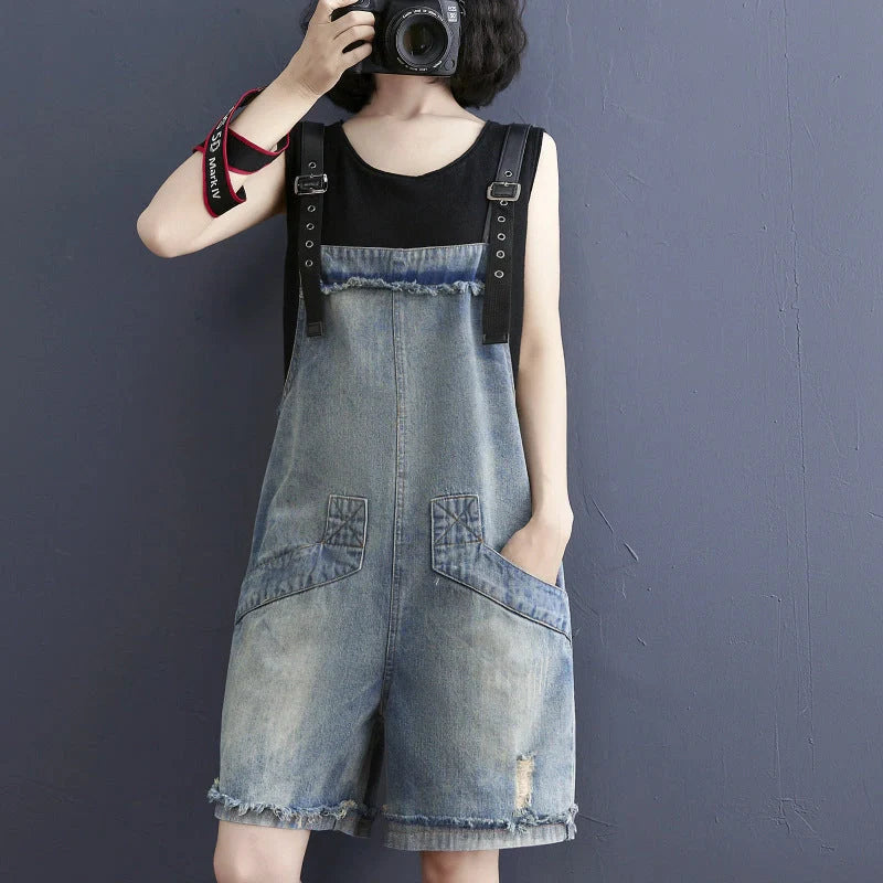 Korean style denim suspenders for women with adjustable straps