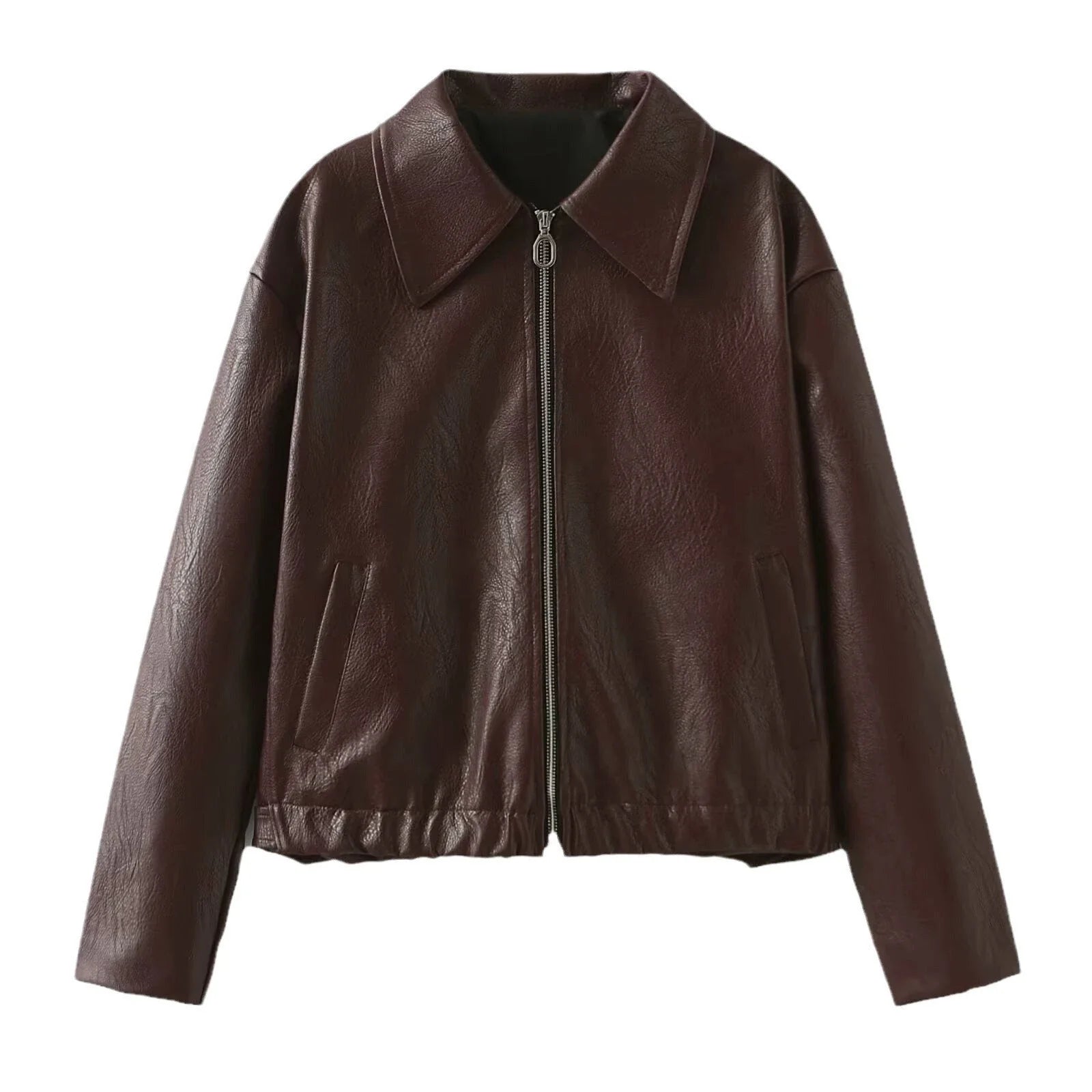 A stylish faux leather jacket with a zipper closure and lapel, available in burgundy and black colors.