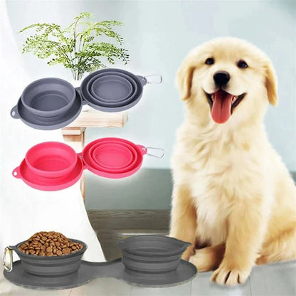 Spill-Proof Collapsible Pet Bowls for Dogs and Cats - Double-bowl Design with Non-Skid Silicone Mat