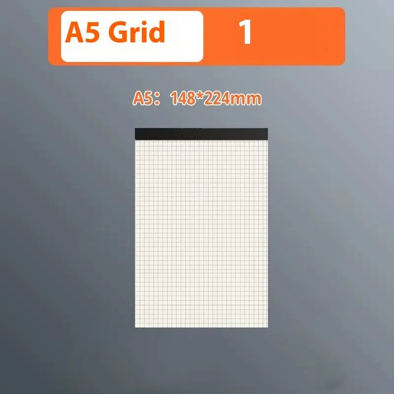 A5 and B5 tearable writing pads with blank, grid, and lined 80-sheet options.