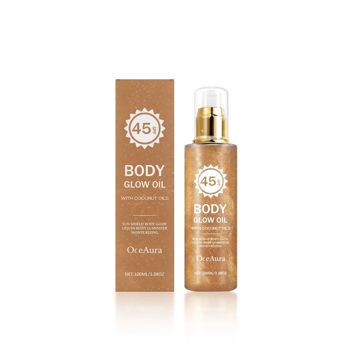 100ml bottle of Coconut Sparkling Sunscreen Oil with golden oil visible inside