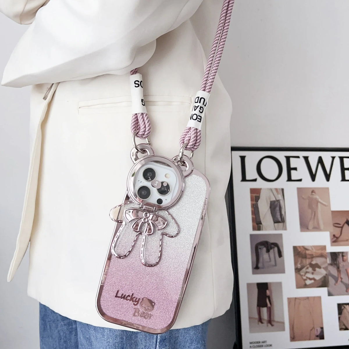 Electroplating glitter phone case with lucky bear bracket and crossbody bag element in Dark Night Purple, Gold or Pink