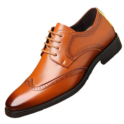 Men's soft-soled business shoes in black or light brown with artificial PU upper and rubber outsole, sizes 39-48
