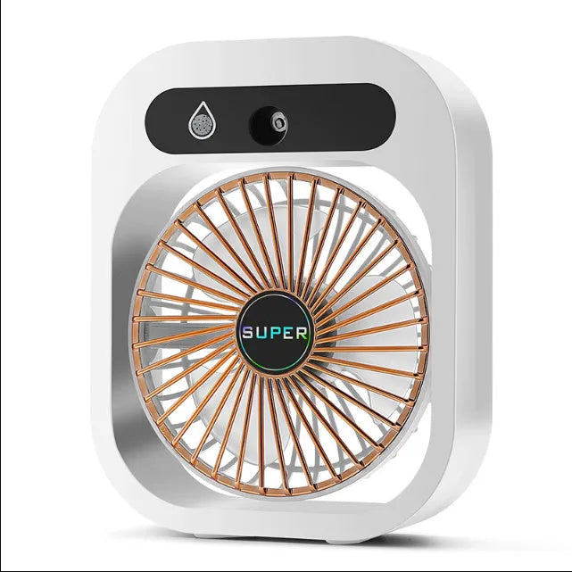 Green and white USB rechargeable misting fan humidifier with adjustable head on a desk