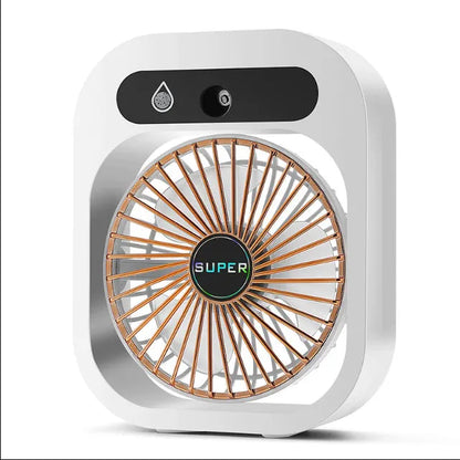 Green and white USB rechargeable misting fan humidifier with adjustable head on a desk