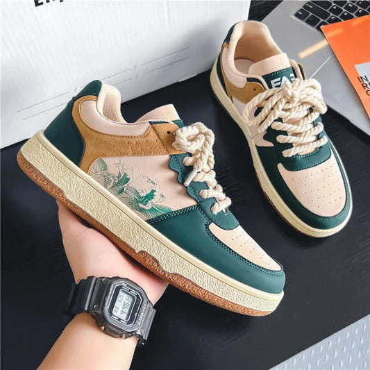 Comfortable lace-up casual shoes for men in various colors featuring soft, thick soles, breathable mesh lining, and stylish stitching details