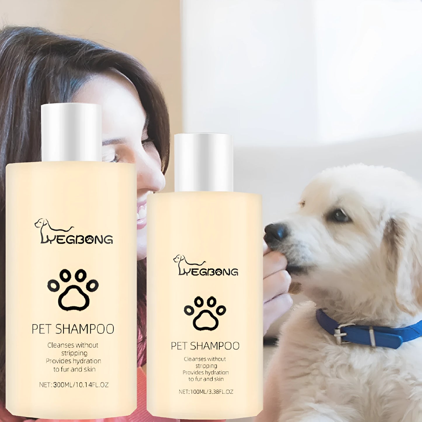 A bottle of mild pet shampoo for dogs, showing 100ml and 300ml size options.