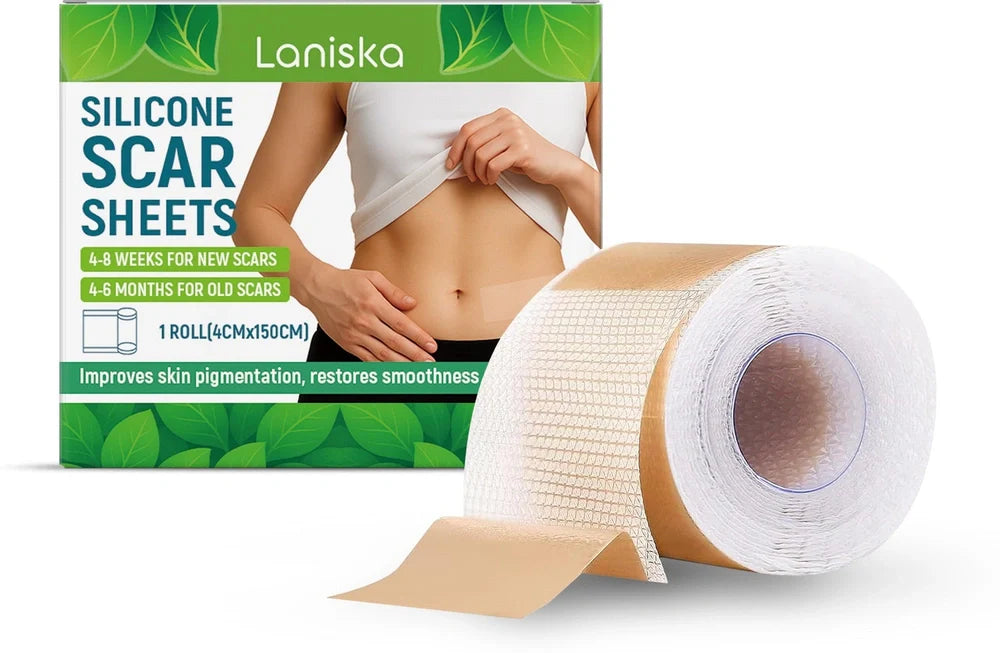 Roll of silicone scar sheets showing 4cm width with tea tree oil and aloe extract ingredients