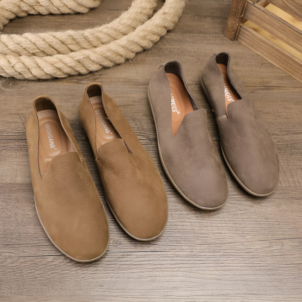 Men's handmade leather casual shoes in khaki colour with low top design and rubber sole