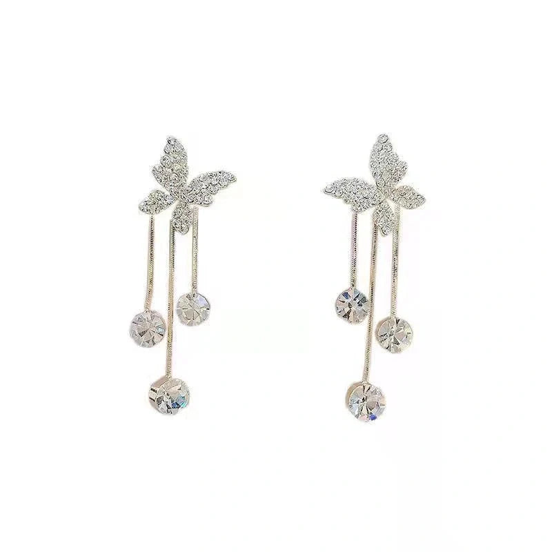 Butterfly Rhinestone Drop Dangle Earrings with Pearl Tassel Chain - Elegant Party Jewellery