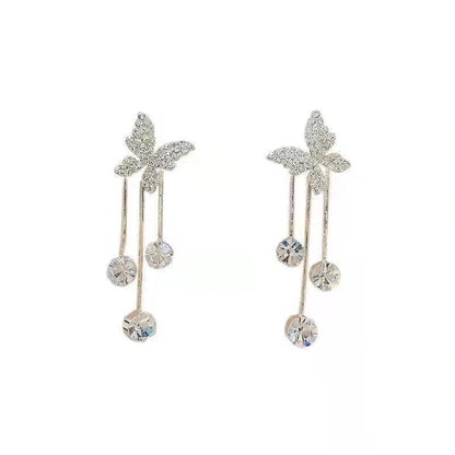 Butterfly Rhinestone Drop Dangle Earrings with Pearl Tassel Chain - Elegant Party Jewellery