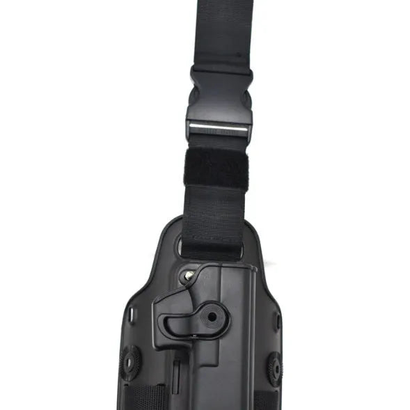Green tactical leg holster with plastic quick-pull waist plate for attaching a hydration pack.