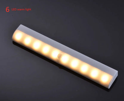 A matte aluminium LED closet light with a magnetic back, shown mounted inside a wooden wardrobe.