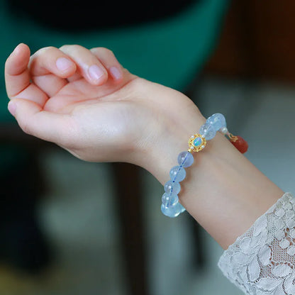 Handmade DIY aquamarine and pink crystal bracelet with Chinese Fox charm for women