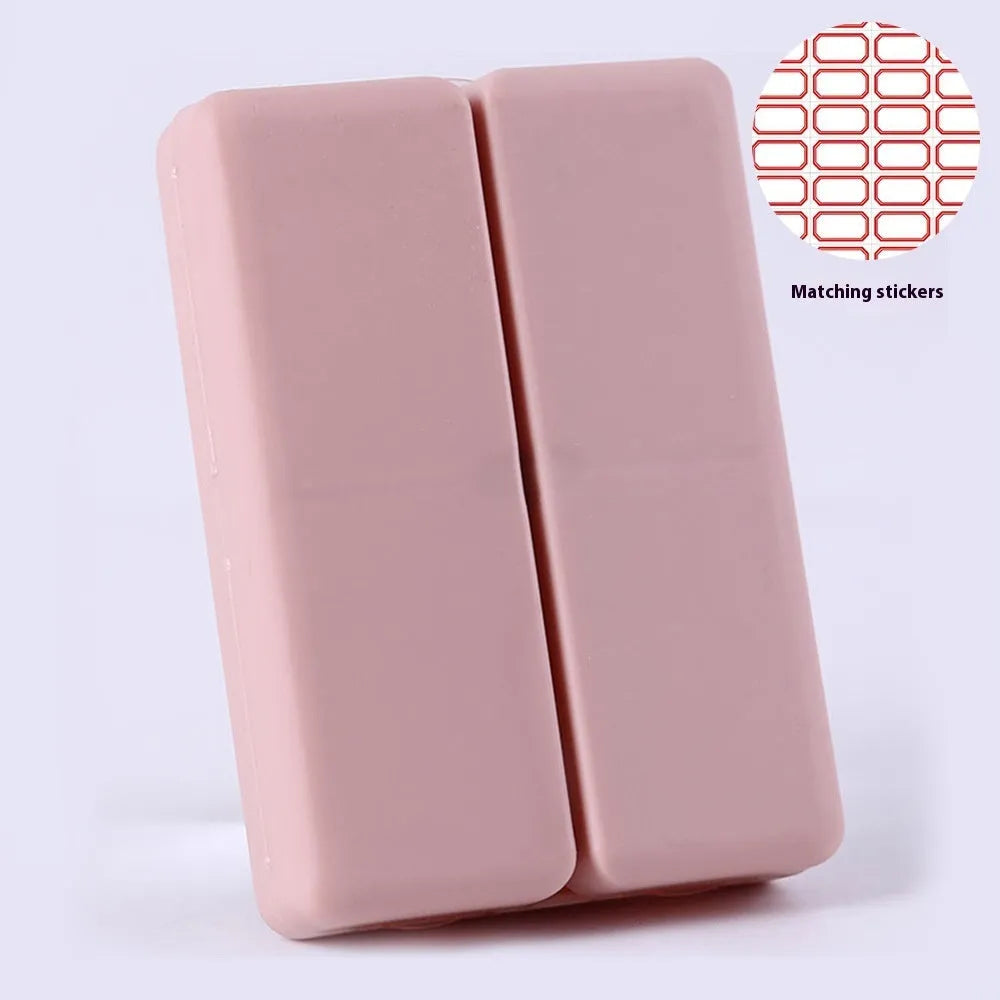 Blue foldable pill box with seven compartments and magnetic closure showing open and closed positions