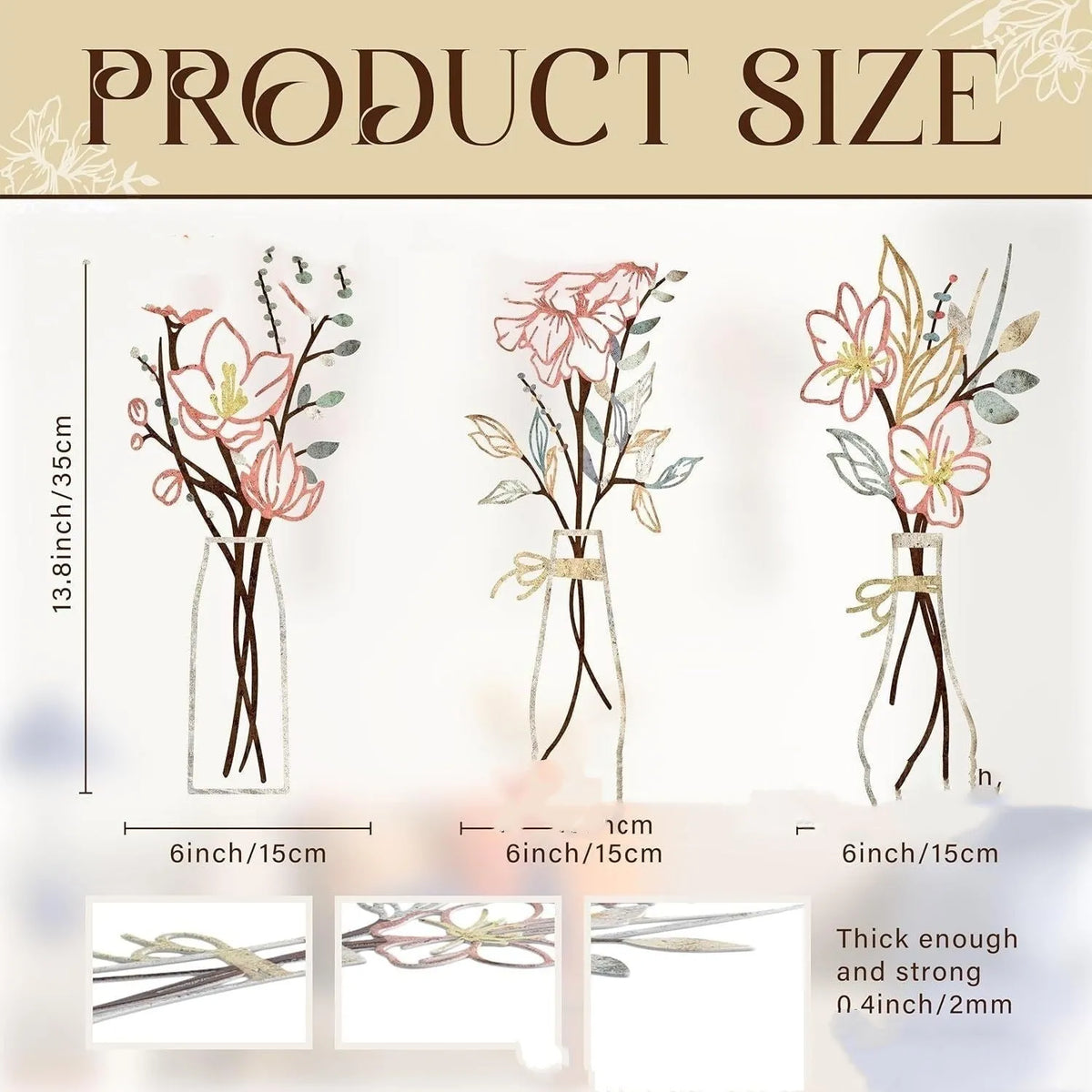 Three metal flowers wall art pieces with country farmhouse design and colour vase decorations