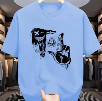 Men's mesh T-shirt with cartoon pattern in bird eye cloth polyester, showing round neck and short sleeve design