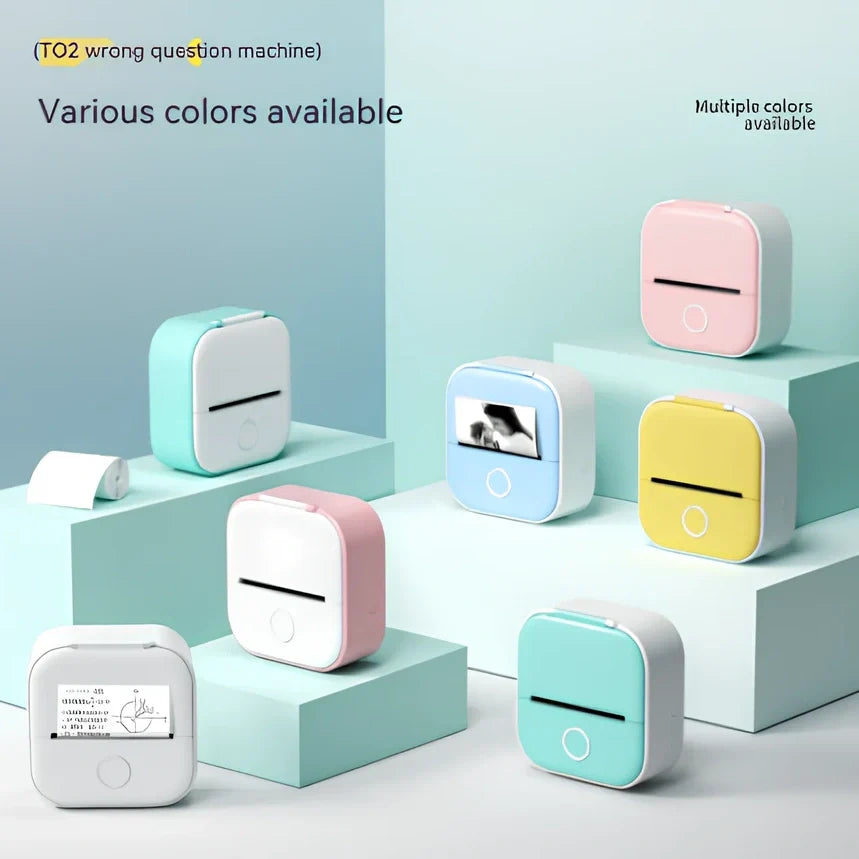 White mini pocket Bluetooth thermal label printer, 87x90x40mm size, with sample paper roll and USB charging