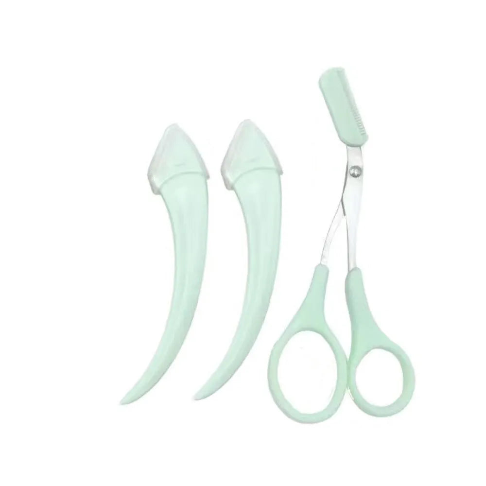 A curved moon-shaped eyebrow trimming knife and a cutting comb on a white background.