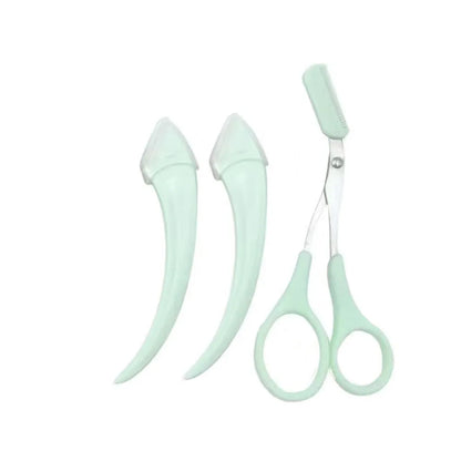 A curved moon-shaped eyebrow trimming knife and a cutting comb on a white background.