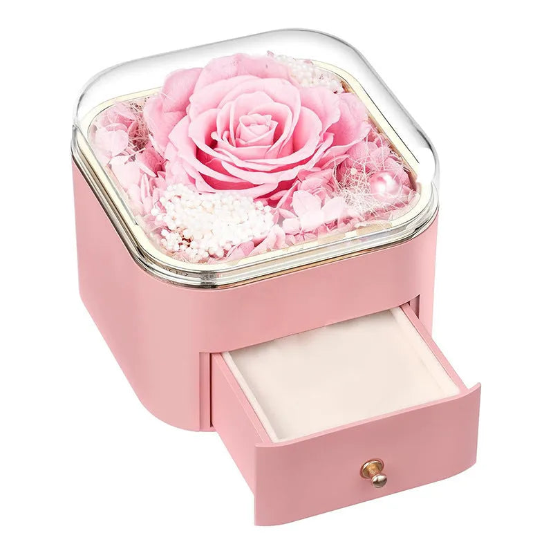 Valentine's Day rose flower drawer jewellery box with preserved eternal flowers and love crystal necklace gift set